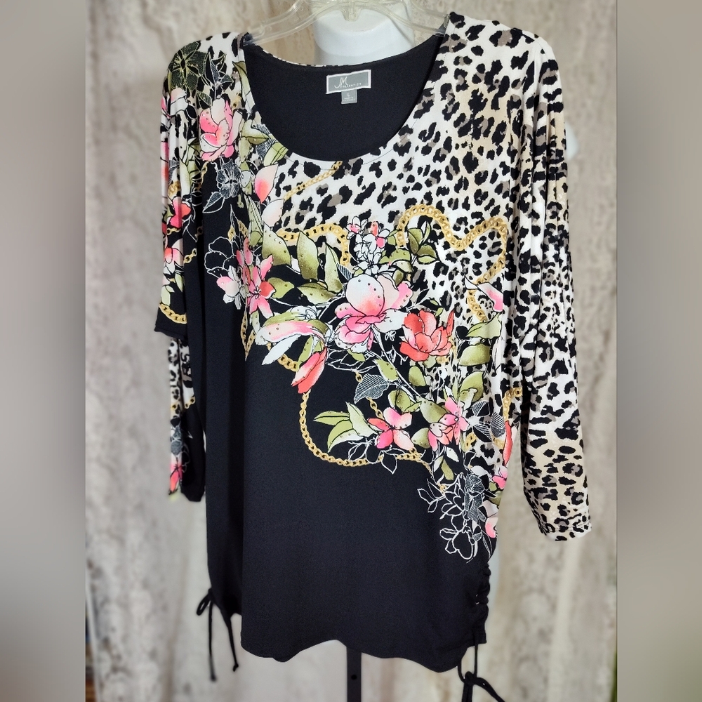 JM Collection Black Floral and Leopard Print Blouse NWOT